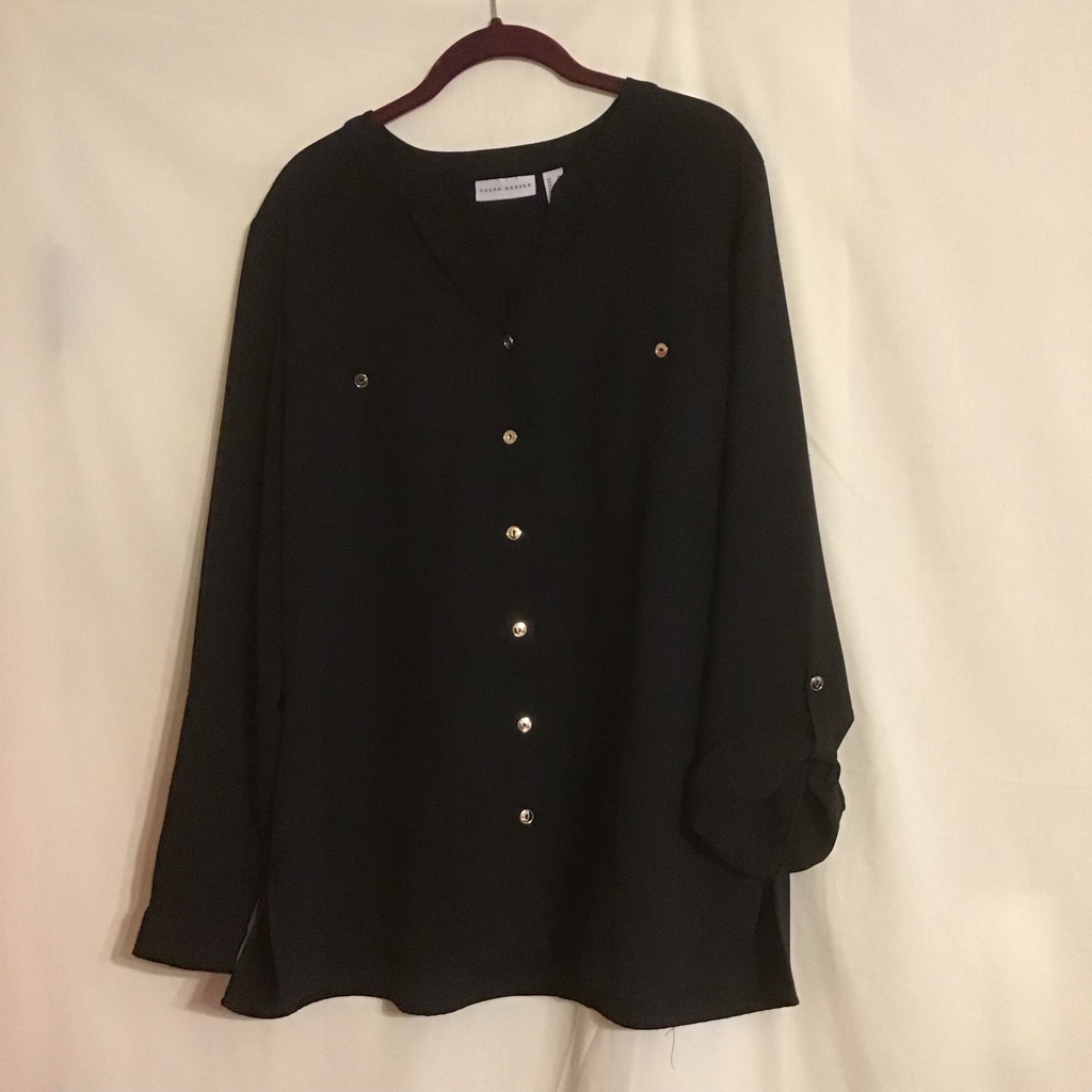 Susan Graver Black Long Rolled Tab Sleeve V-Neck Button-Down Shirt Blouse Sz 16